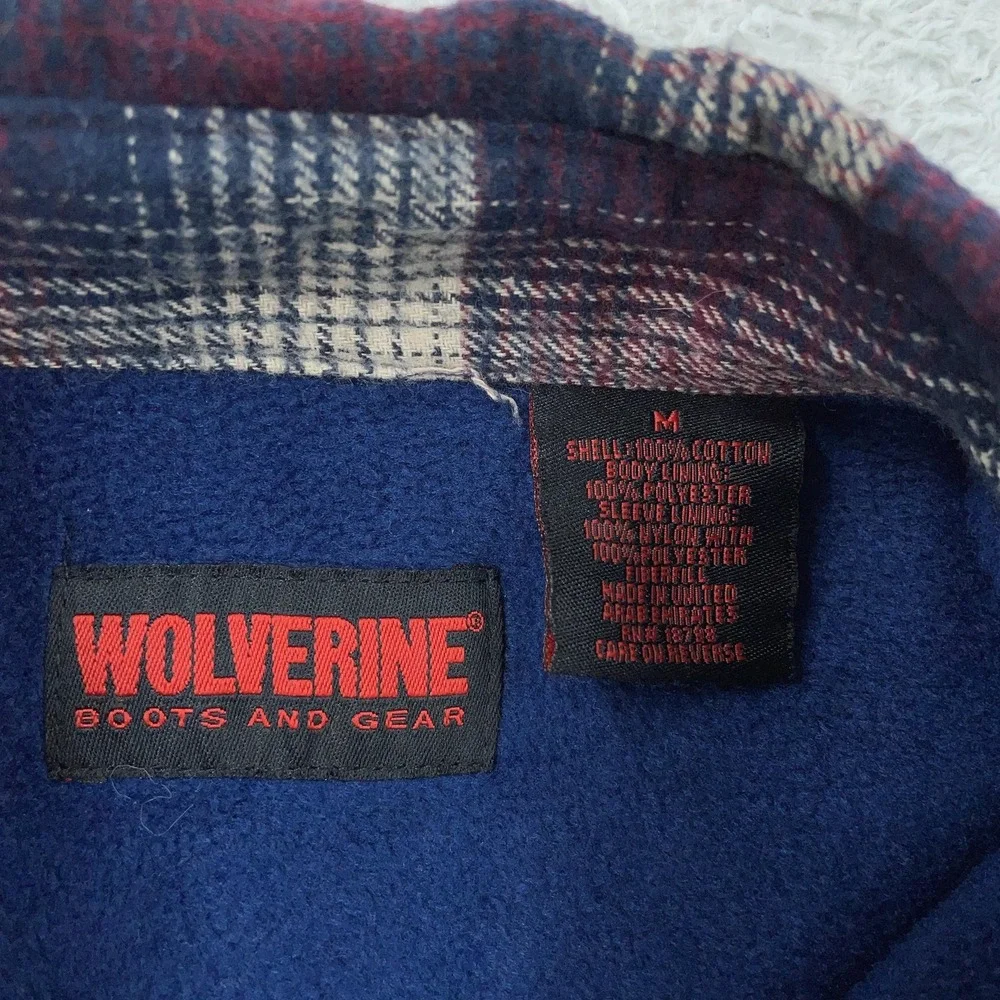 Wolverine Fleece Lined Flannel Shirt Jacket Mens Medium Red Navy Plaid‎ Workwear